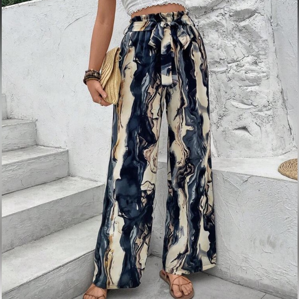 Boho Abstract Print Wide Leg Paperbag Waist Pants - Navy Cream